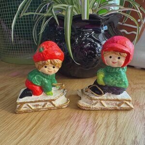 Holiday Chalkware Children Sledding Figurines, Vintage Made in Japan, Circa 1950